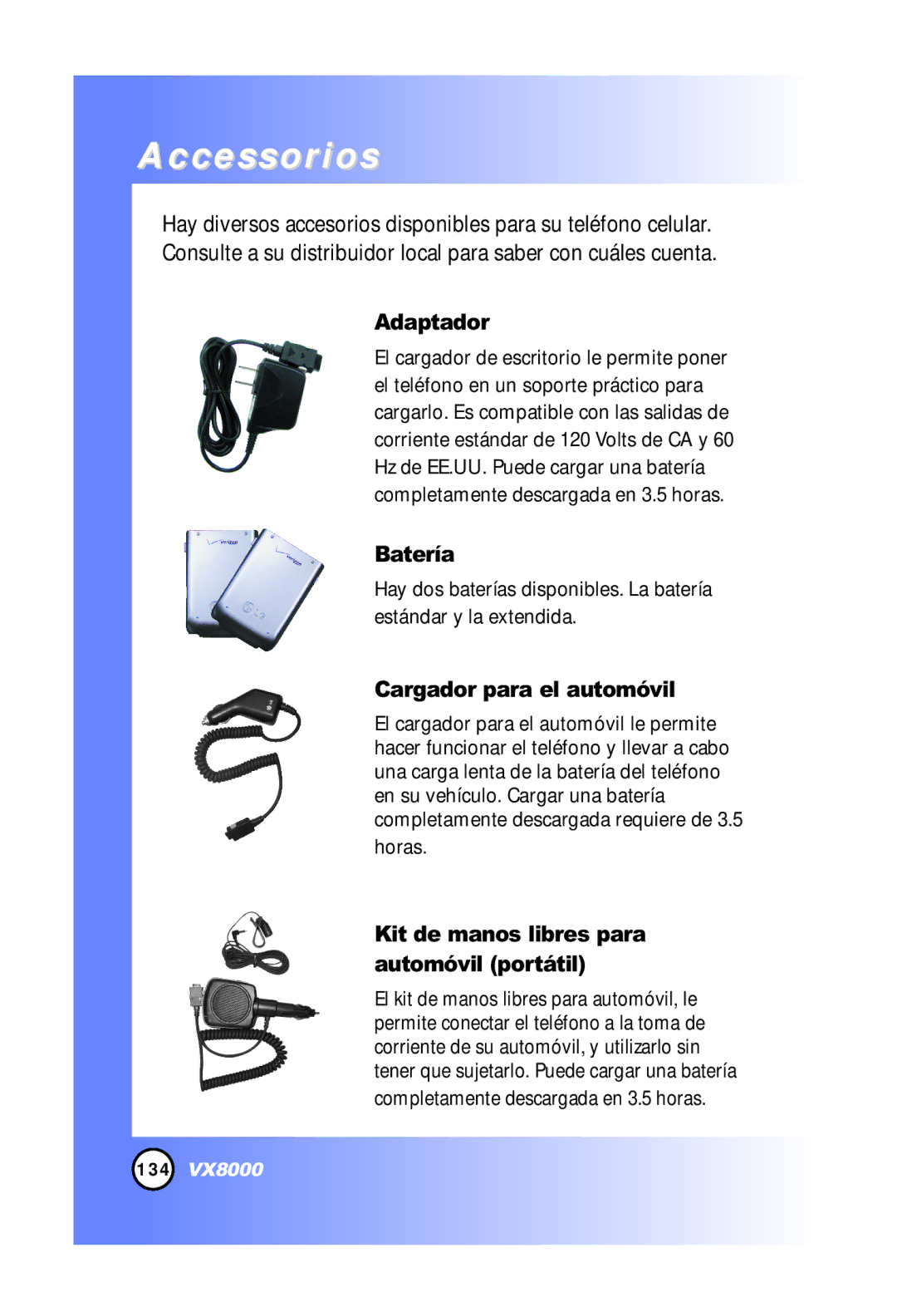 LG Electronics VX8000 manual Accessorios, Adaptador, Batería, Cargador para el automóvil 