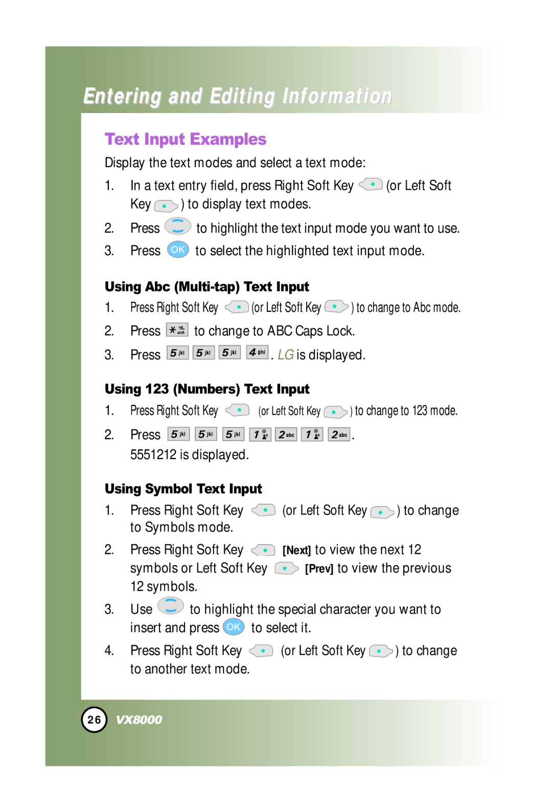 LG Electronics VX8000 manual Text Input Examples, Using Abc Multi-tap Text Input, Using 123 Numbers Text Input 