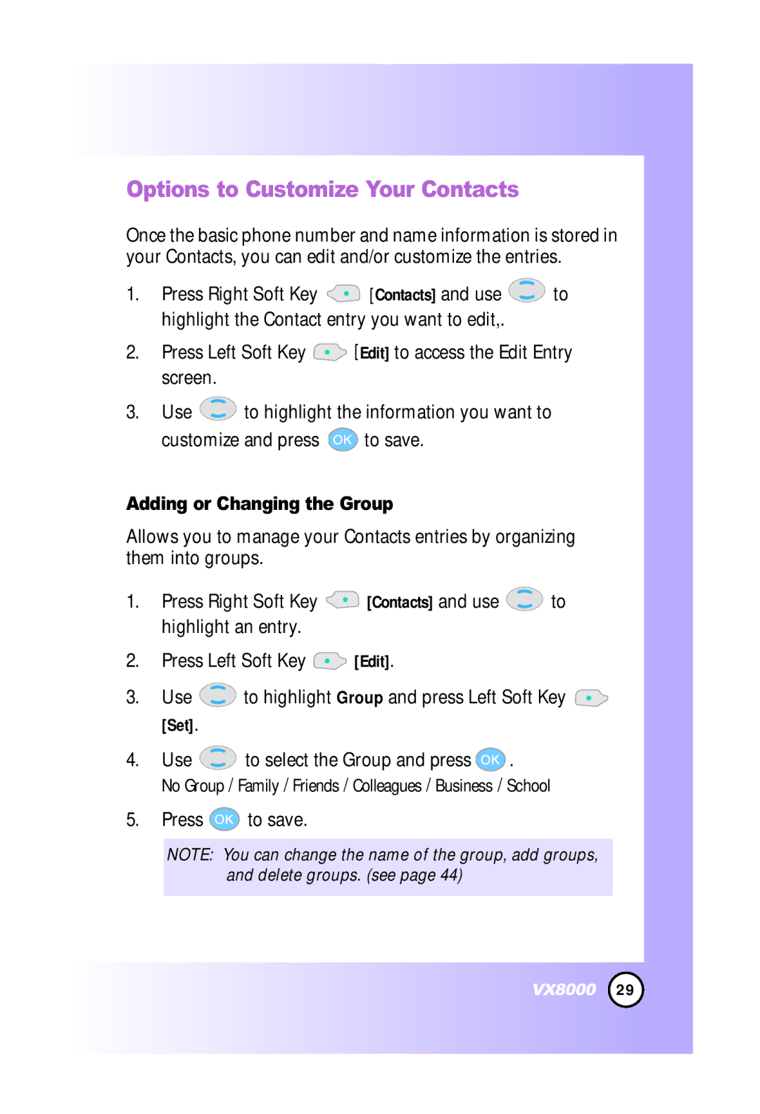 LG Electronics VX8000 manual Options to Customize Your Contacts, Adding or Changing the Group 