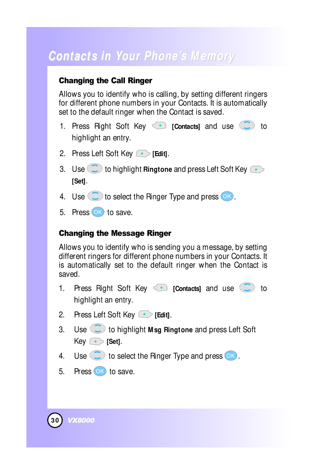 LG Electronics VX8000 manual Changing the Call Ringer, Use to select the Ringer Type and press Press to save 