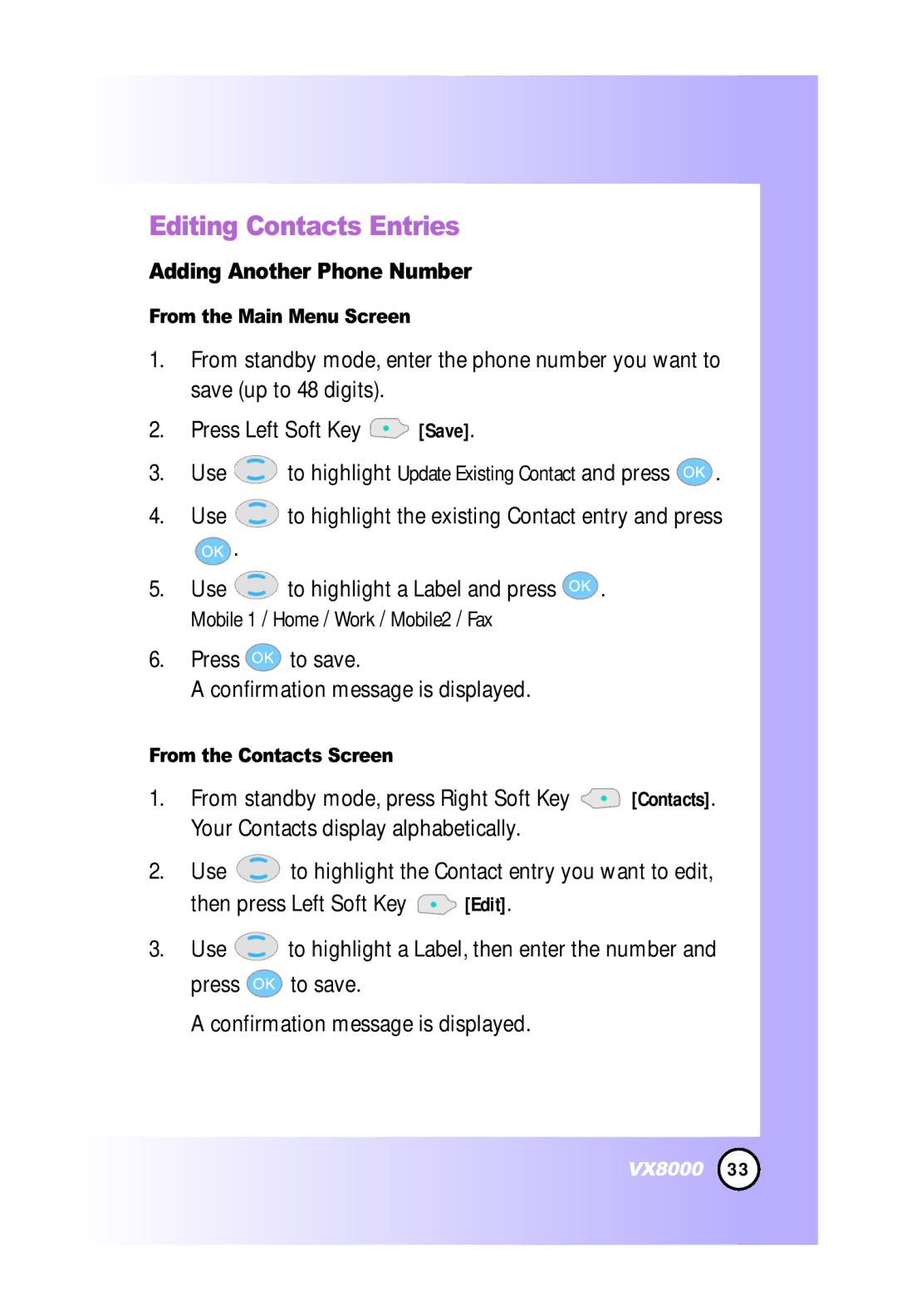 LG Electronics VX8000 manual Editing Contacts Entries, Adding Another Phone Number, From the Main Menu Screen 