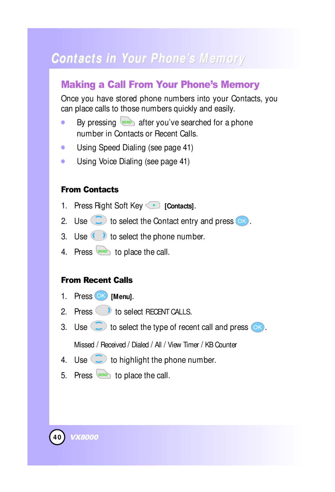 LG Electronics VX8000 manual Making a Call From Your Phone’s Memory, From Contacts, From Recent Calls 
