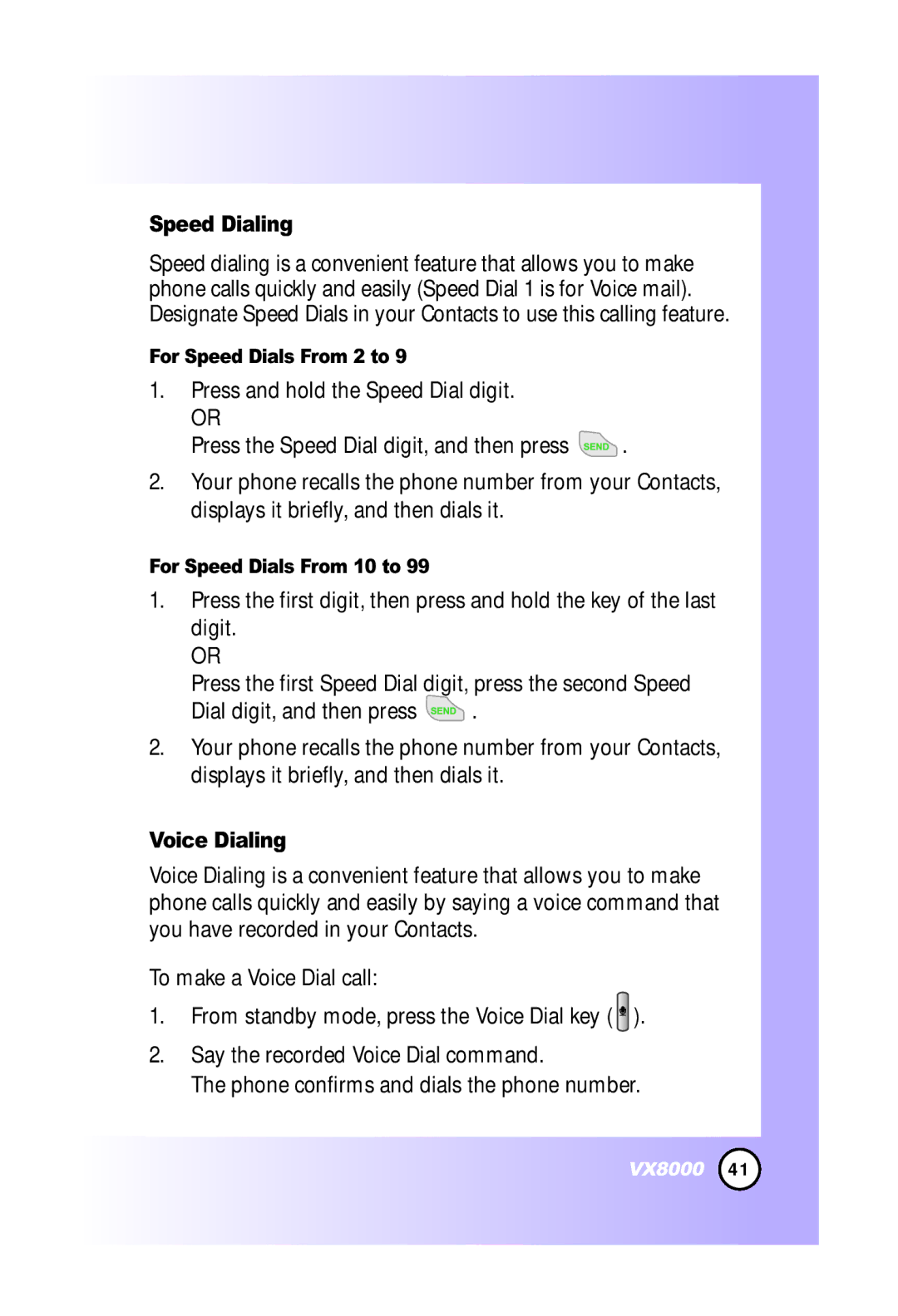 LG Electronics VX8000 manual Speed Dialing, Voice Dialing, For Speed Dials From 2 to, For Speed Dials From 10 to 