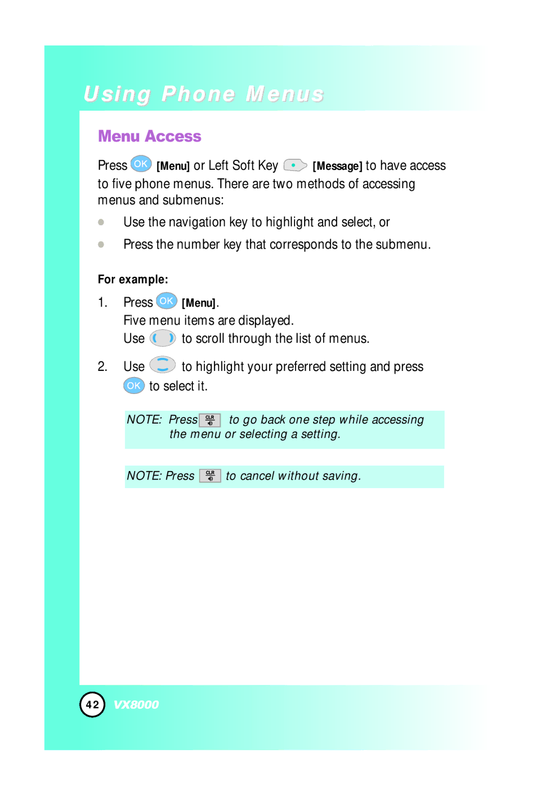 LG Electronics VX8000 manual Using Phone Menus, Menu Access, For example 