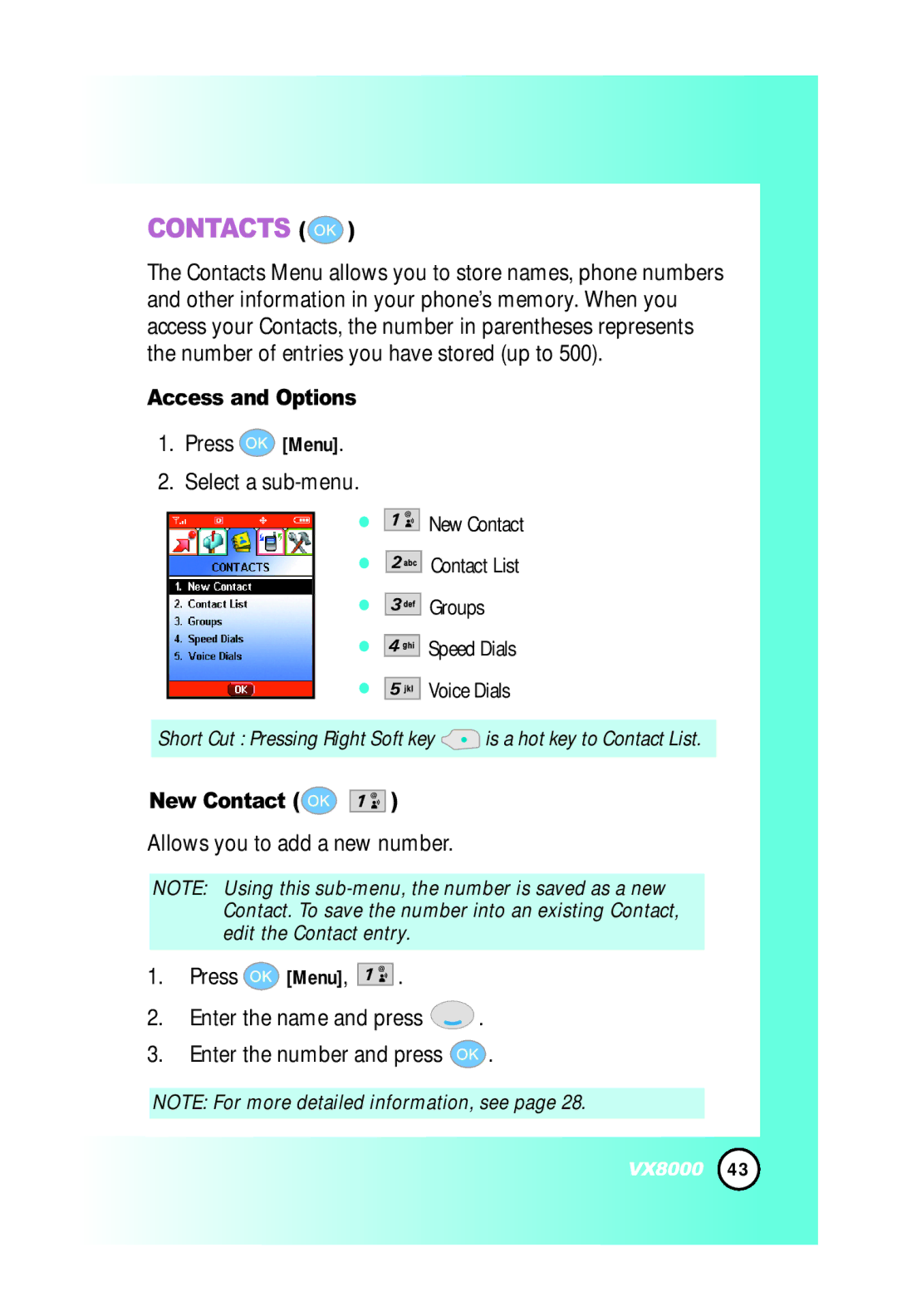 LG Electronics VX8000 manual Access and Options, New Contact 