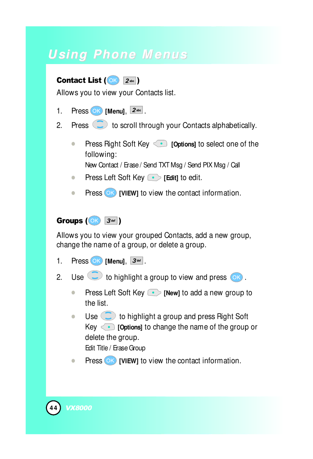 LG Electronics VX8000 manual Contact List, Groups 