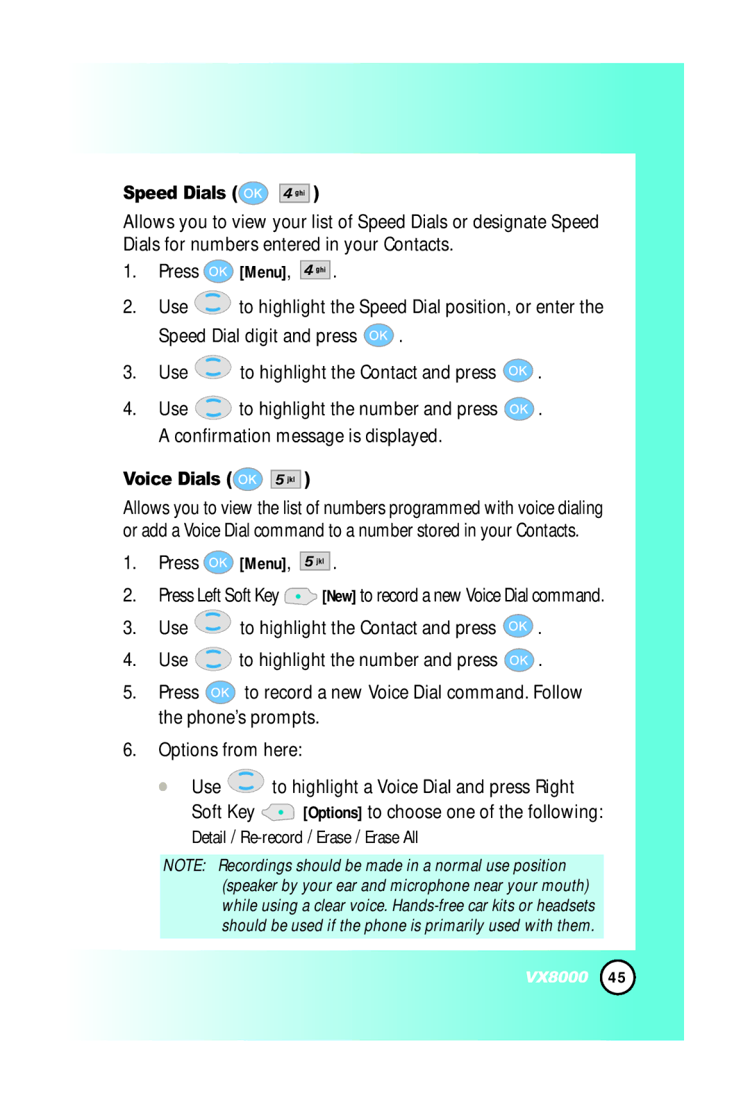 LG Electronics VX8000 manual Speed Dials, Voice Dials 
