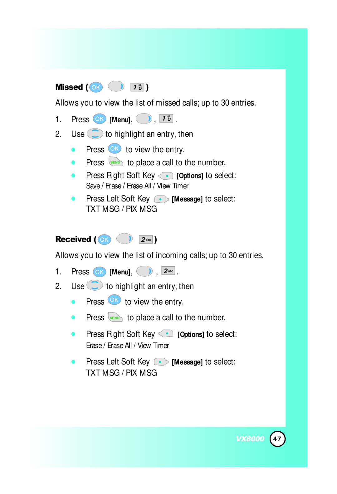 LG Electronics VX8000 manual Missed, Received 