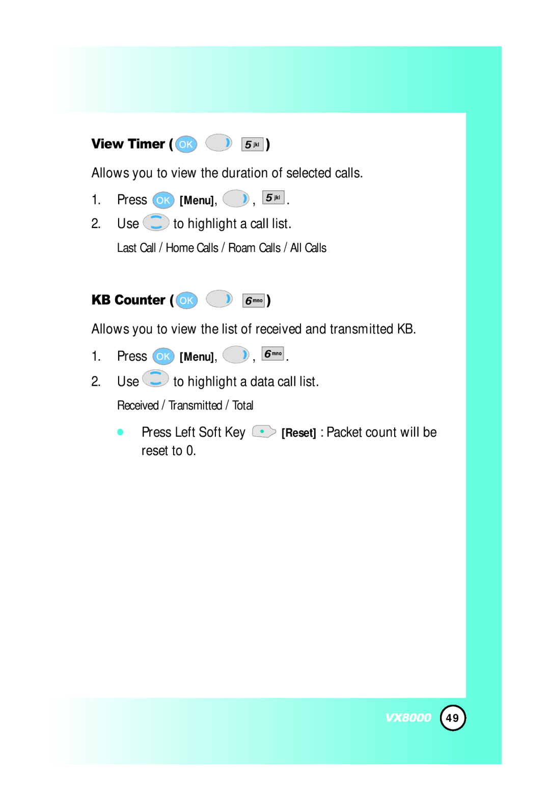 LG Electronics VX8000 manual View Timer, KB Counter 