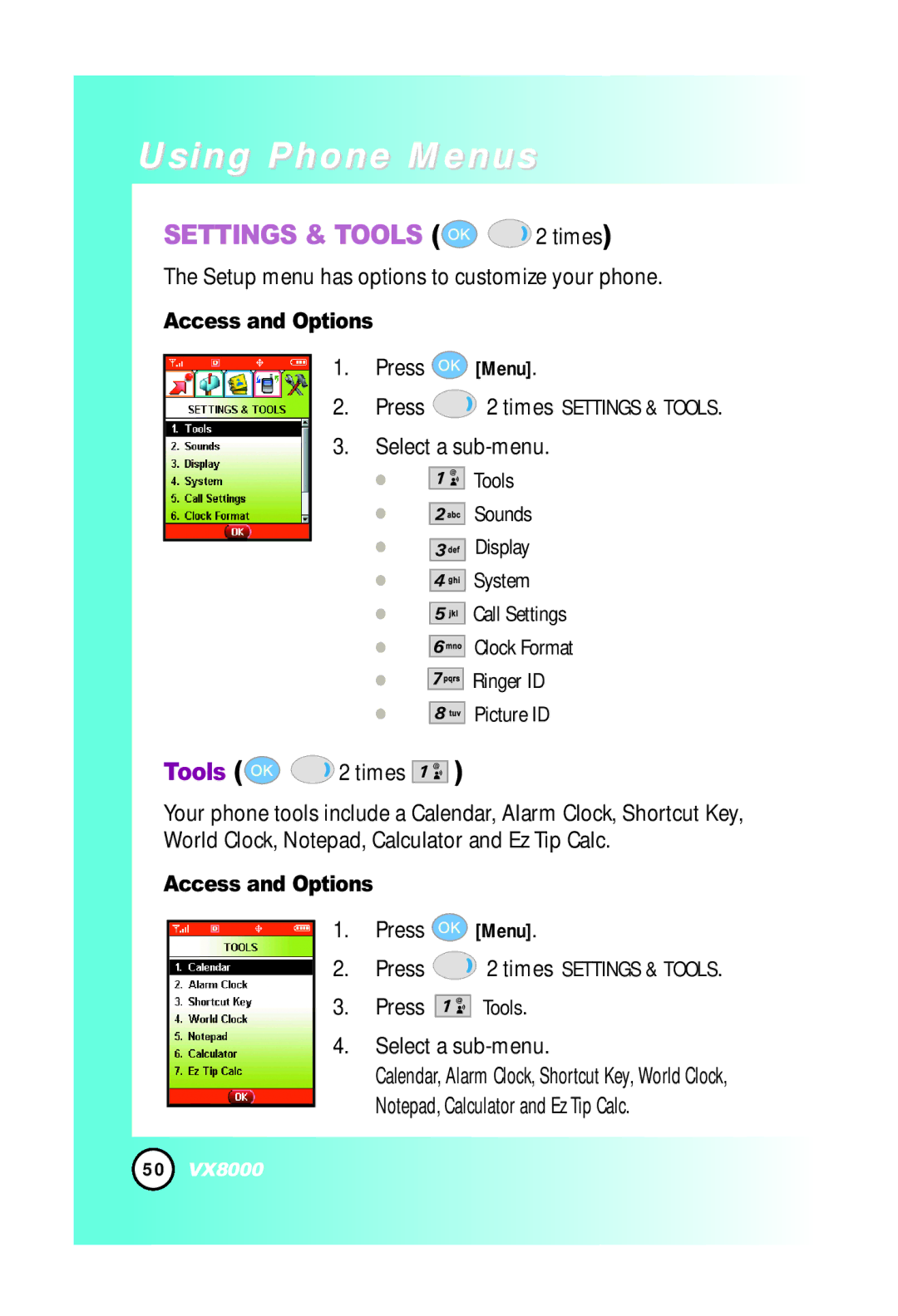 LG Electronics VX8000 manual Settings & Tools 2 times, Setup menu has options to customize your phone 