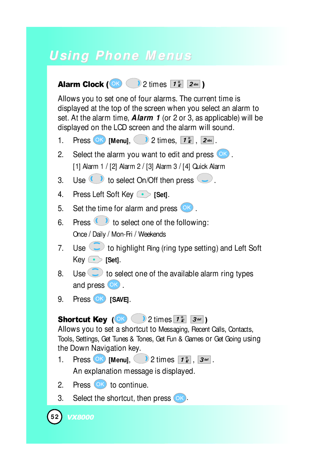 LG Electronics VX8000 manual Alarm Clock 2 times, Shortcut Key Times, Press to continue Select the shortcut, then press 