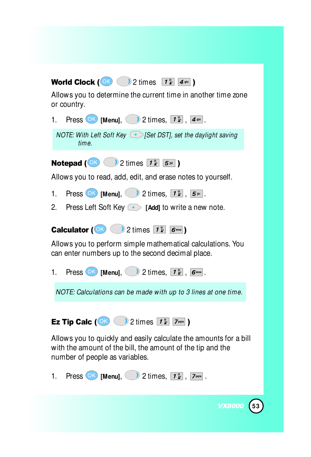 LG Electronics VX8000 manual World Clock 2 times, Calculator 2 times, Ez Tip Calc 2 times 