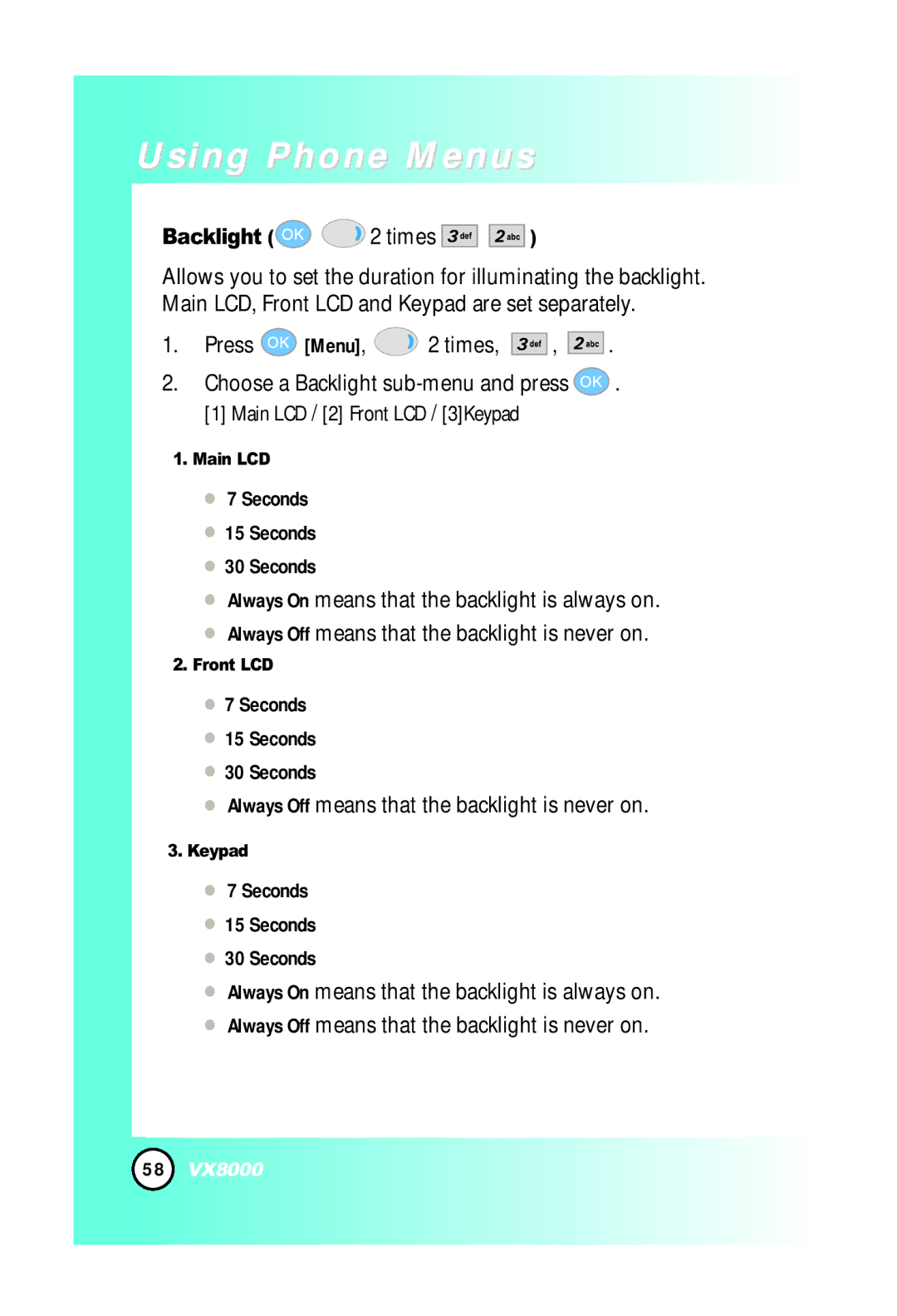 LG Electronics VX8000 manual Backlight Times, Seconds 