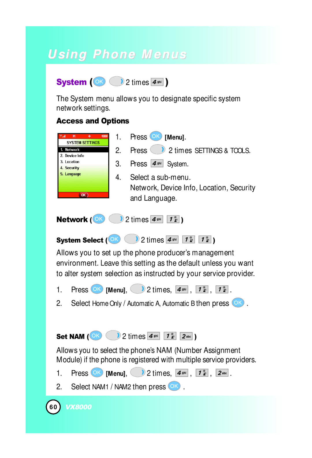 LG Electronics VX8000 manual Press Menu, 2 times Select NAM1 / NAM2 then press, System Select 2 times, Set NAM 2 times 