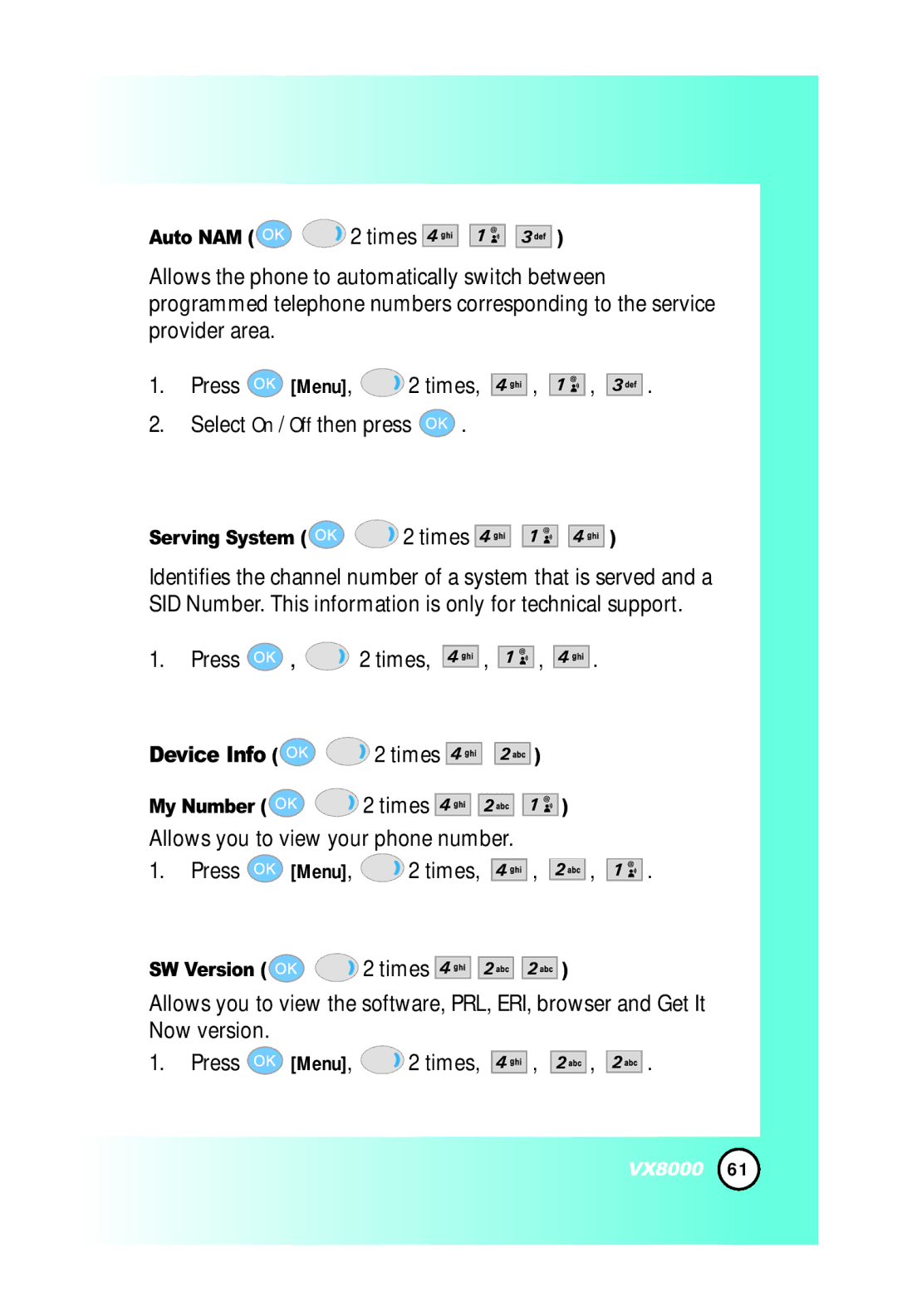 LG Electronics VX8000 manual Press , 2 times, Device Info 2 times, Allows you to view your phone number Press Menu, 2 times 