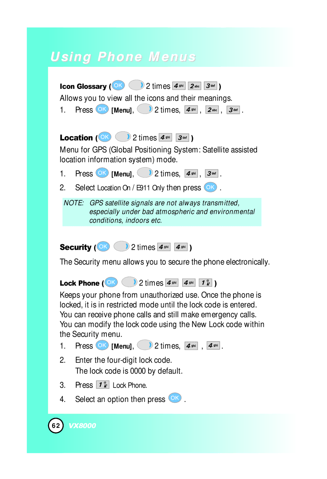 LG Electronics VX8000 manual Location 2 times, Security 2 times, Icon Glossary 2 times, Lock Phone 