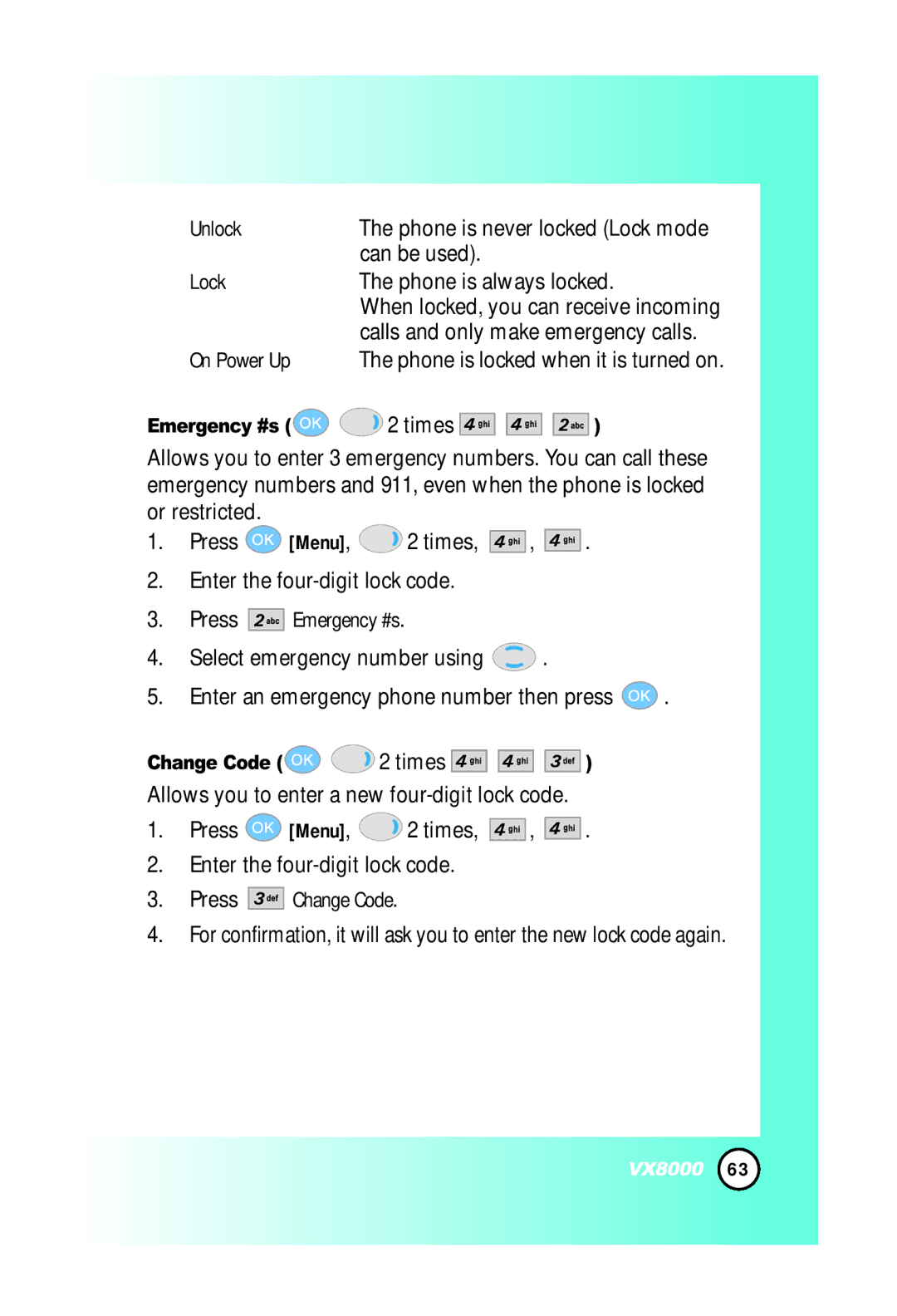 LG Electronics VX8000 manual Can be used Lock Phone is always locked, Emergency #s 