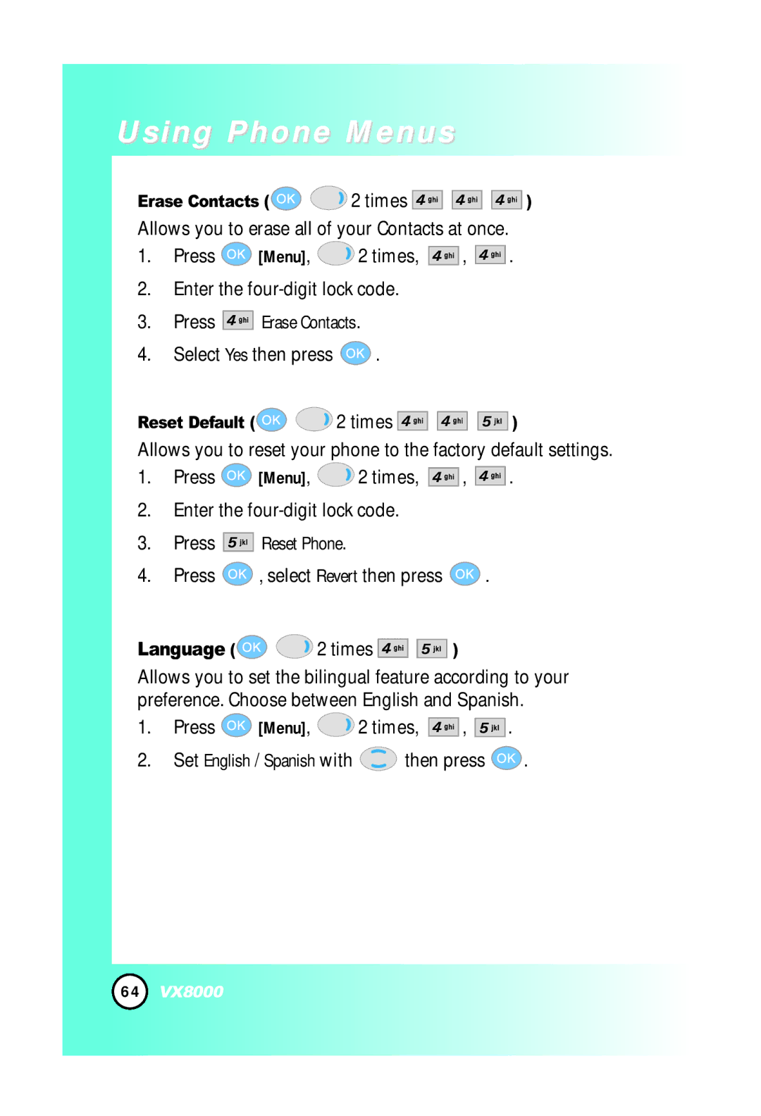 LG Electronics VX8000 manual Language Times, Press Menu, 2 times Set English / Spanish with then press, Reset Default 