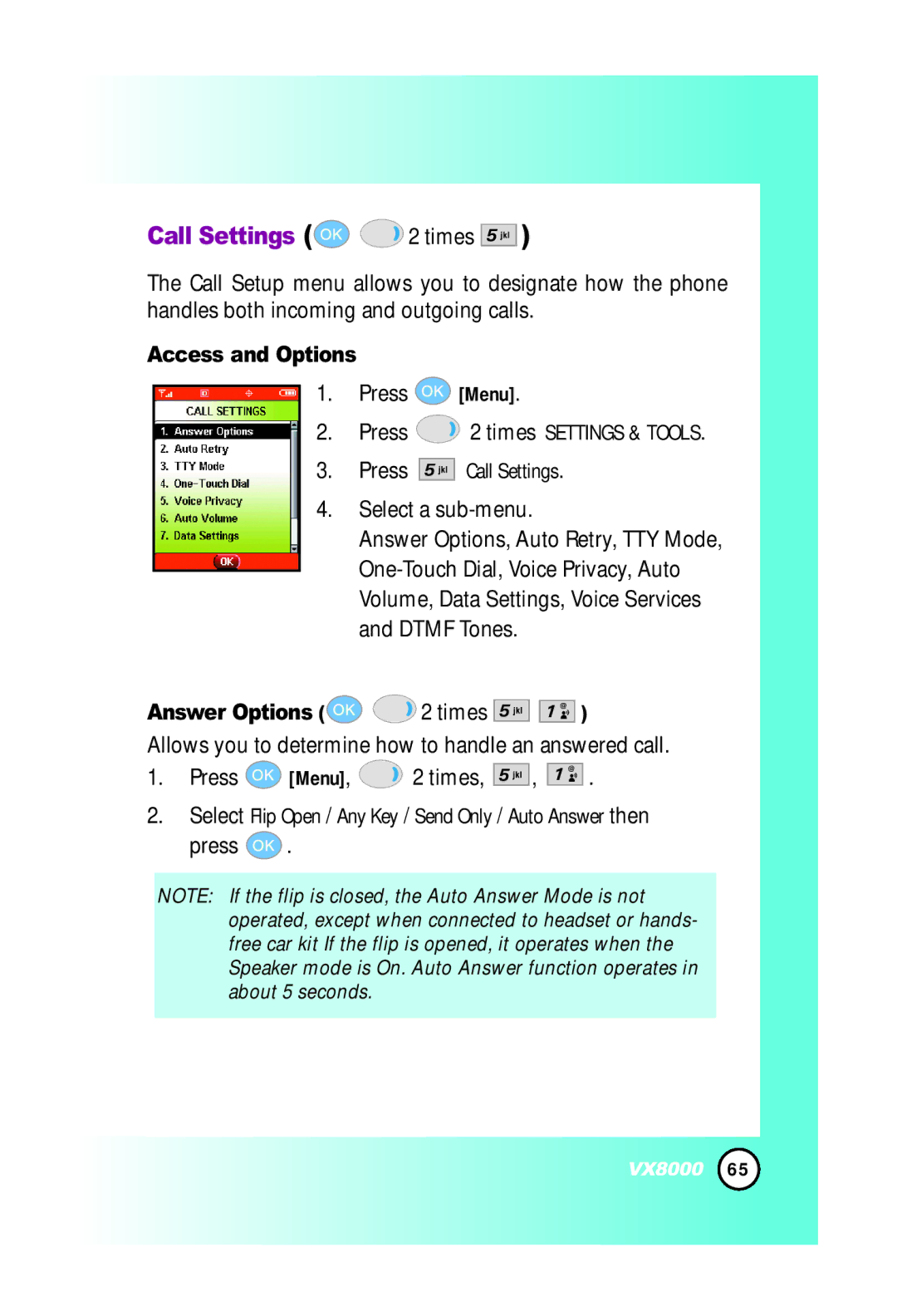 LG Electronics VX8000 manual Call Settings 2 times, Answer Options Times 