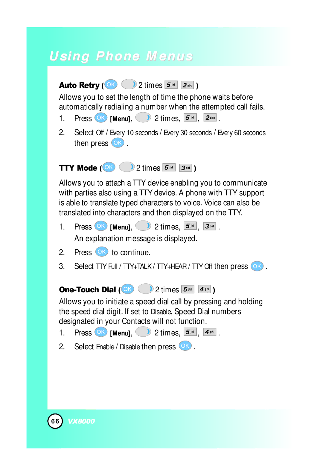 LG Electronics VX8000 manual Auto Retry Times, Then press, TTY Mode 2 times, Press to continue, One-Touch Dial 2 times 