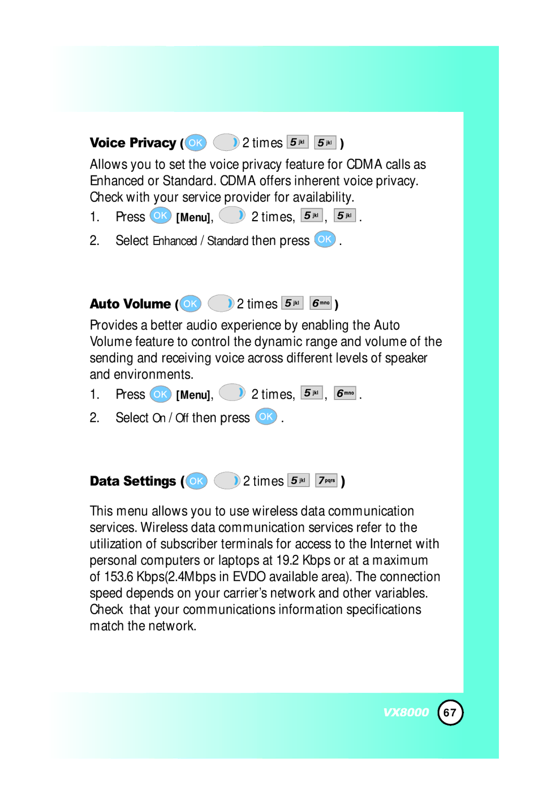 LG Electronics VX8000 manual Voice Privacy 2 times, Press Menu, 2 times Select Enhanced / Standard then press 
