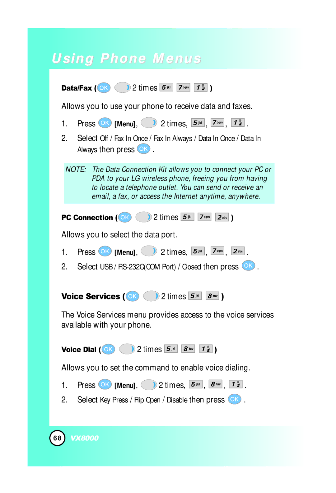 LG Electronics VX8000 manual Always then press, Voice Services 2 times, Data/Fax 2 times, PC Connection 2 times 