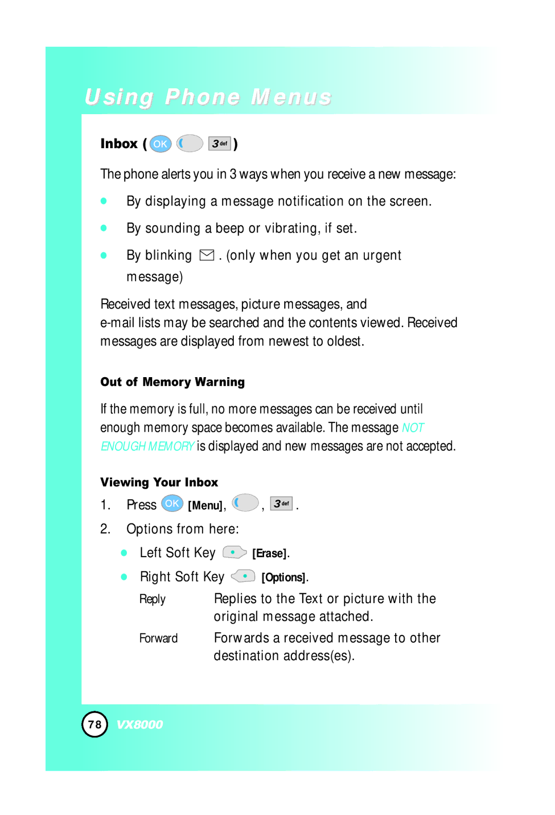 LG Electronics VX8000 Original message attached, Destination addresses, Out of Memory Warning, Viewing Your Inbox 