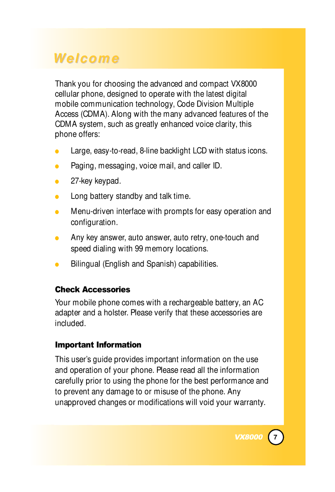 LG Electronics VX8000 manual Check Accessories, Important Information 