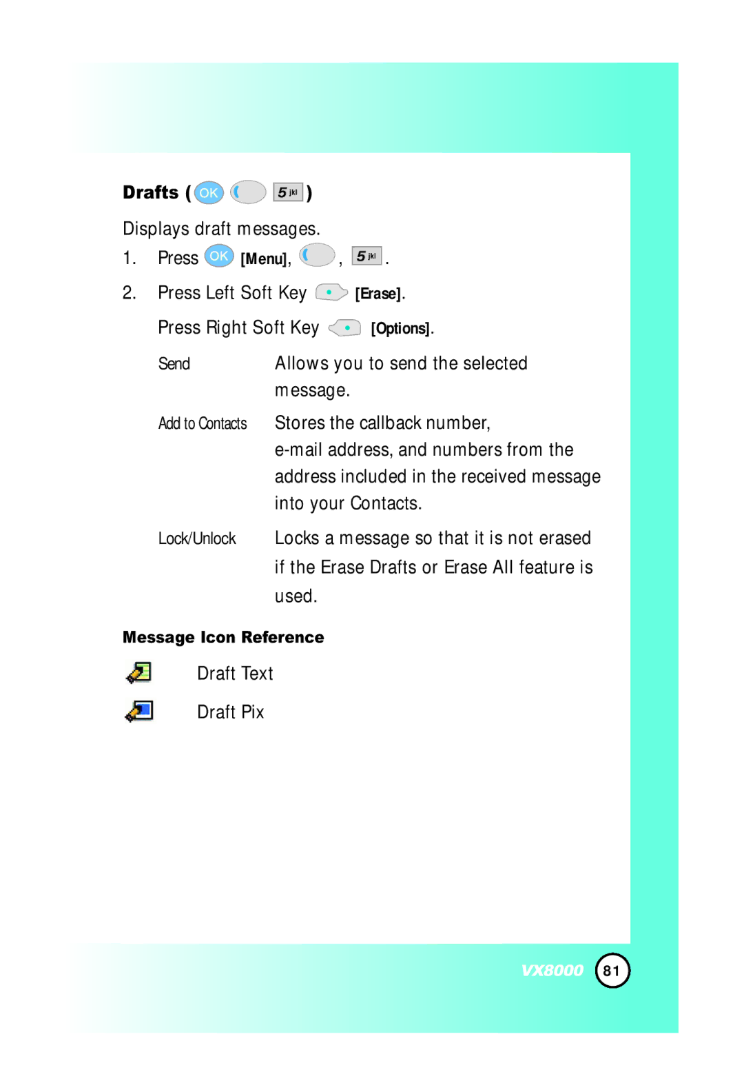 LG Electronics VX8000 manual Drafts, Used, Draft Text Draft Pix 