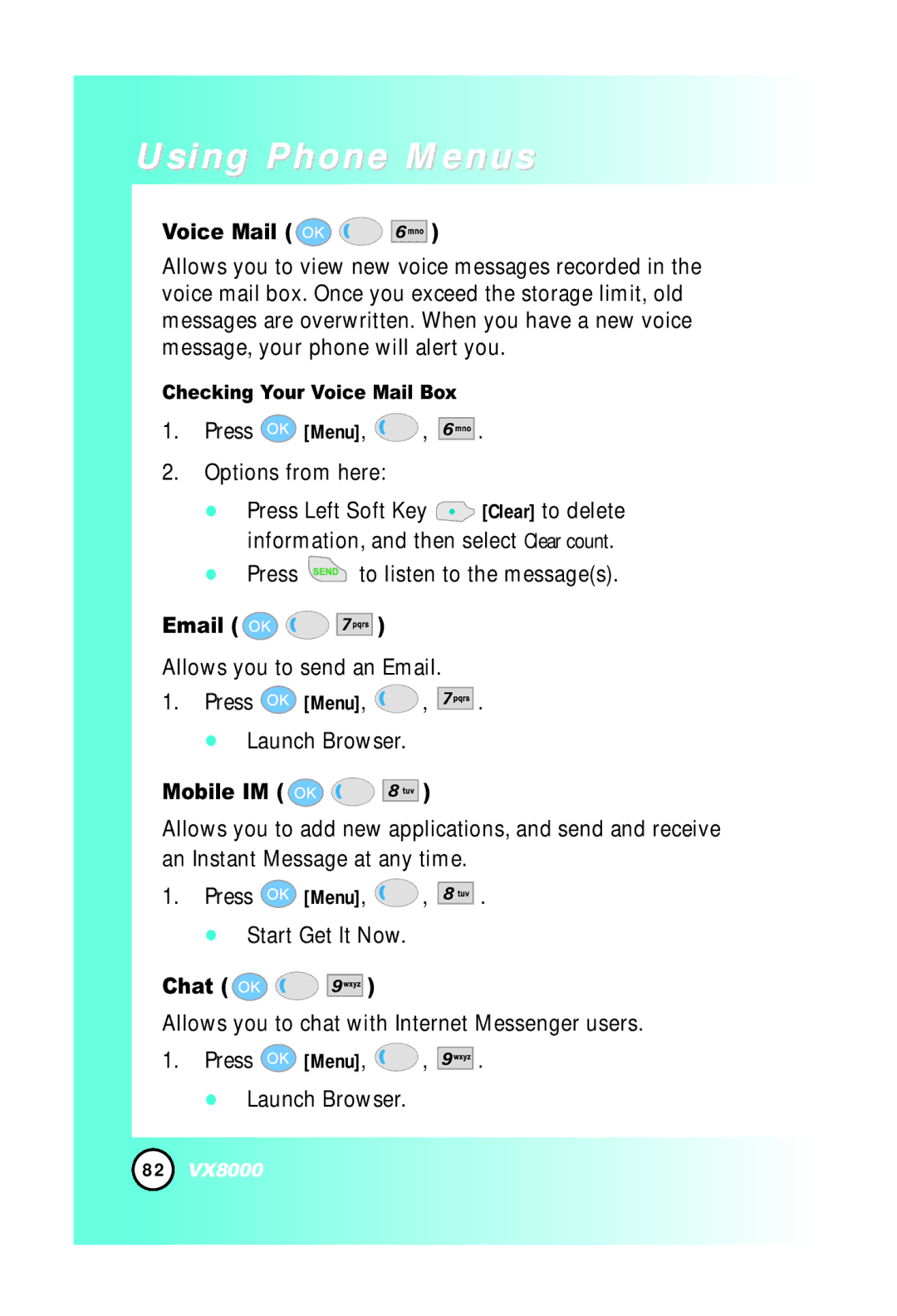 LG Electronics VX8000 manual Press Menu Options from here, Mobile IM, Chat, Checking Your Voice Mail Box 