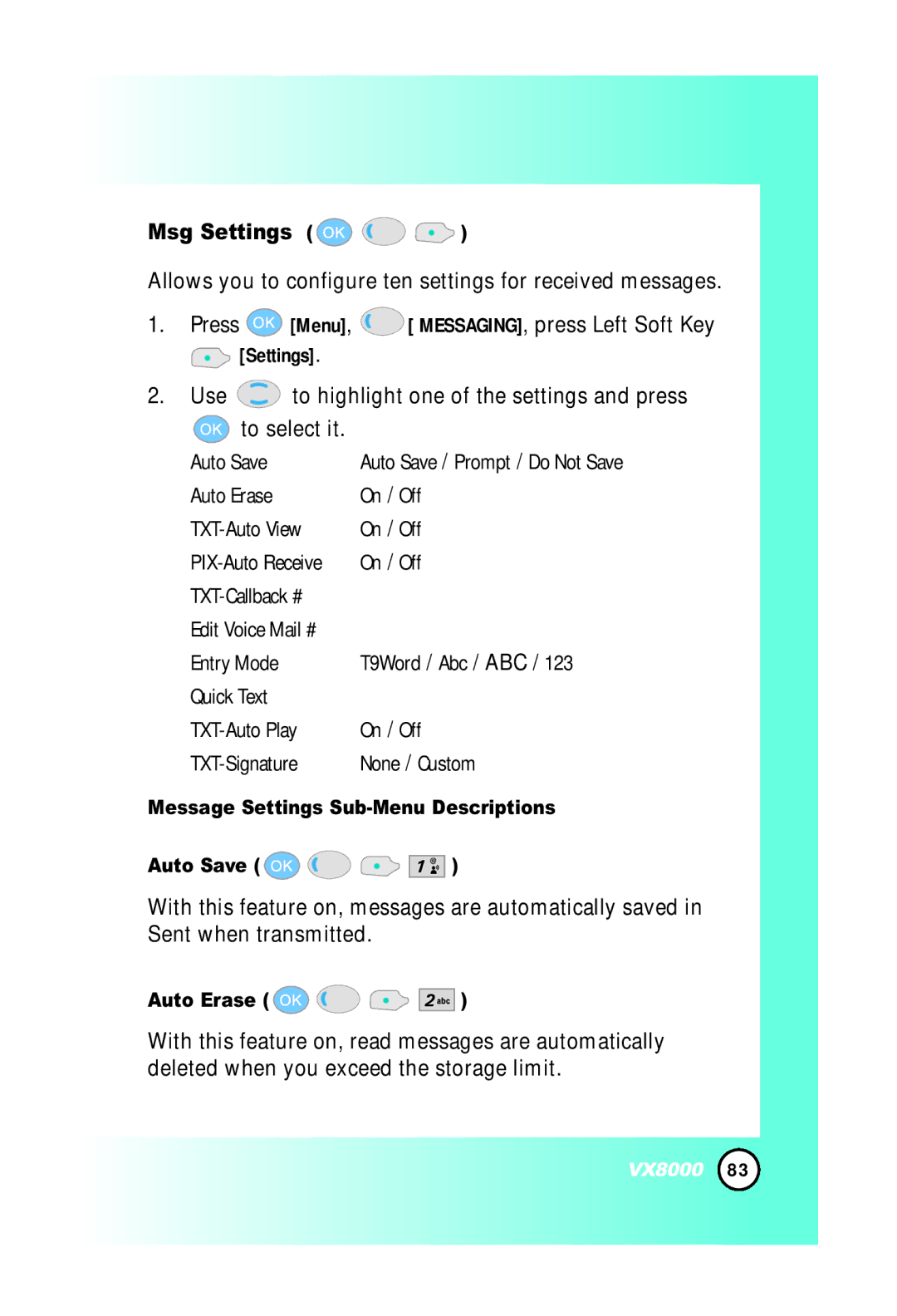 LG Electronics VX8000 manual Msg Settings, Message Settings Sub-Menu Descriptions Auto Save, Auto Erase 