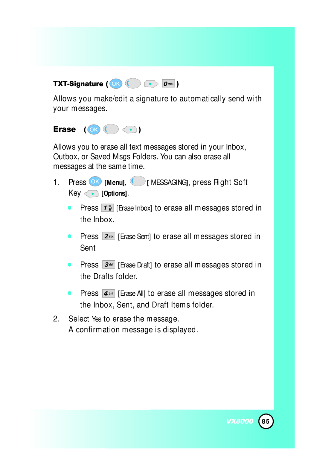 LG Electronics VX8000 manual Erase, TXT-Signature 