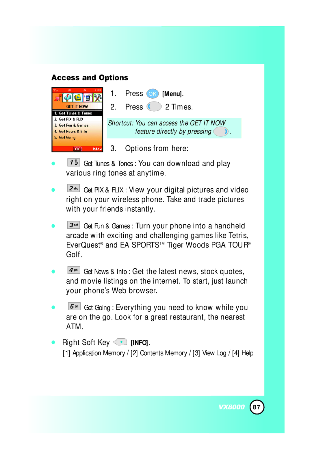 LG Electronics VX8000 manual Access and Options, Press Menu Press 2 Times 