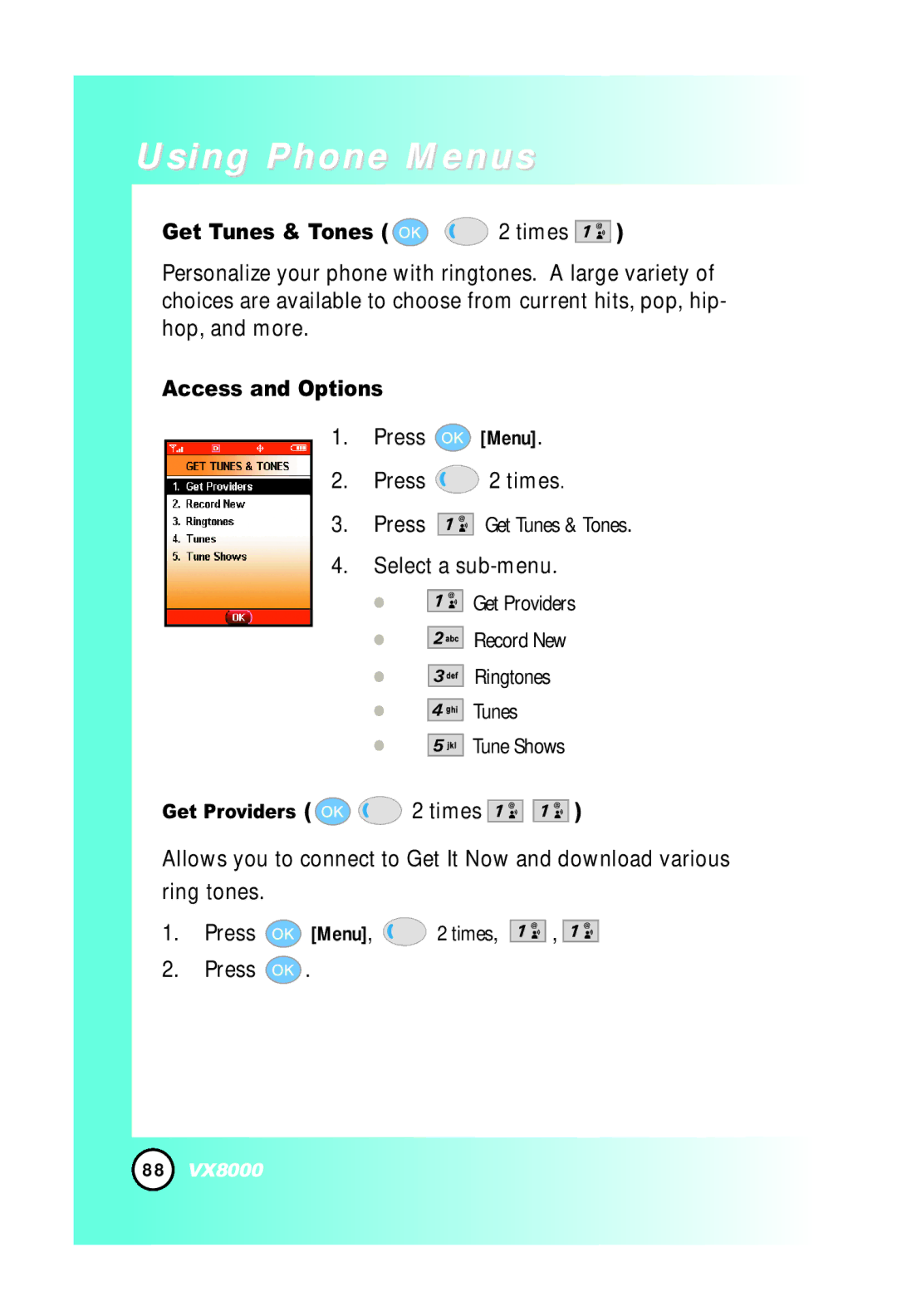 LG Electronics VX8000 manual Get Tunes & Tones 2 times, Get Providers 2 times 