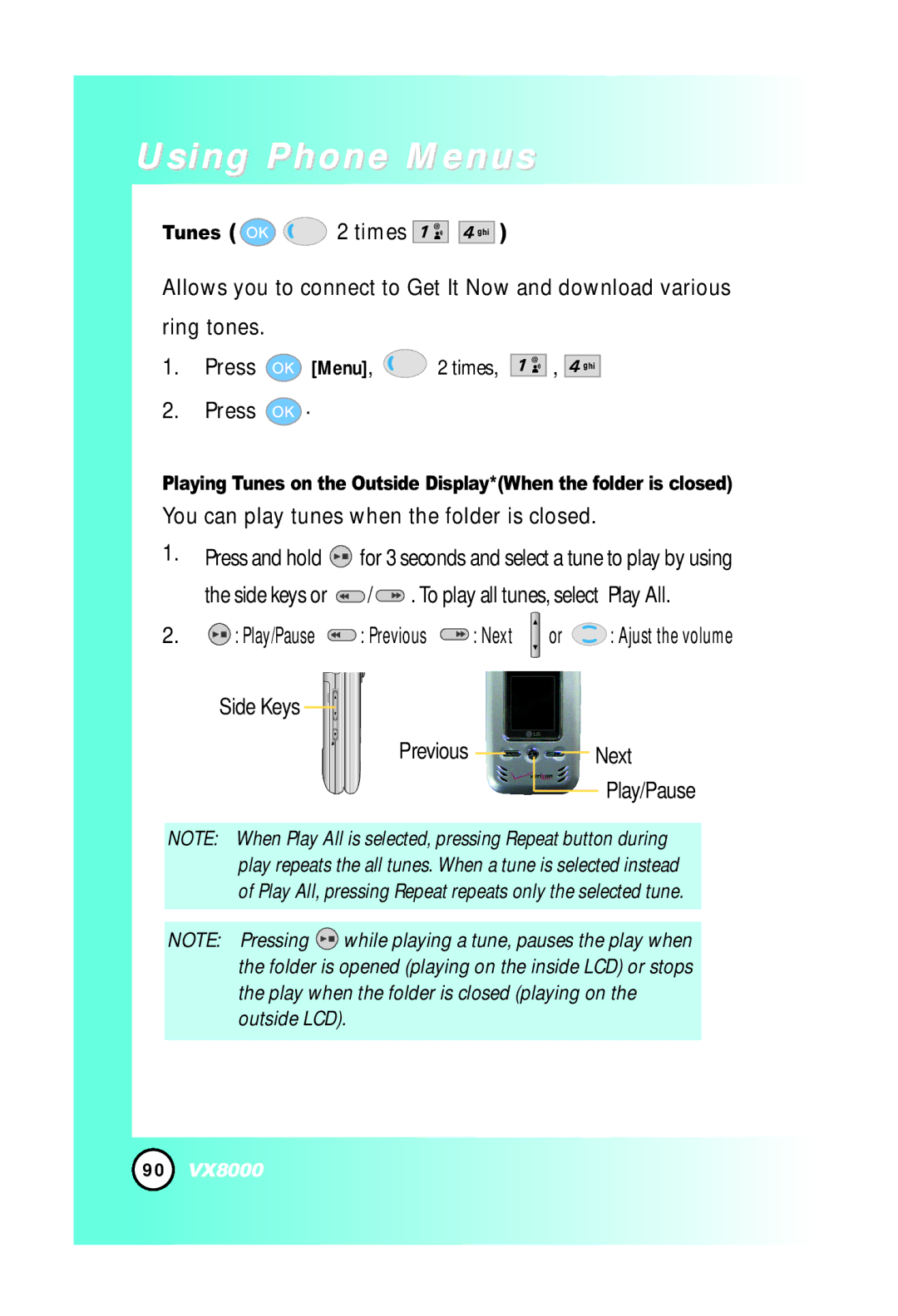 LG Electronics VX8000 manual You can play tunes when the folder is closed, Previous Next 