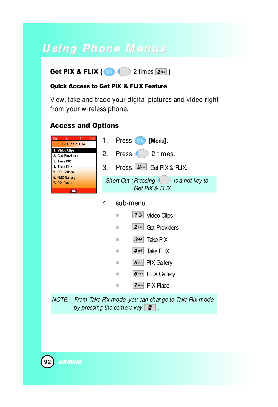 LG Electronics VX8000 manual Get PIX & Flix 2 times, Press Menu Press 2 times Press Get PIX & Flix, Sub-menu 