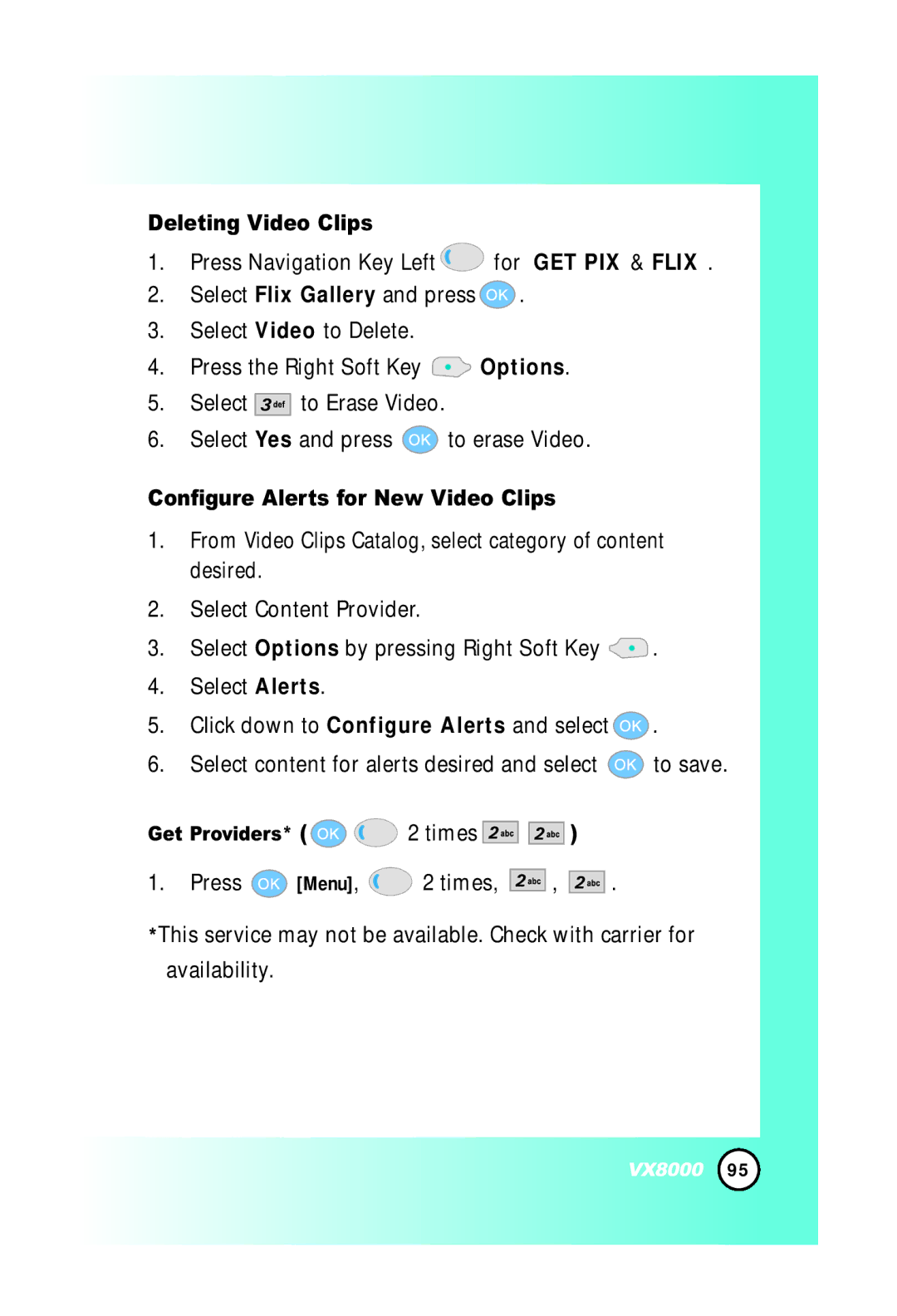 LG Electronics VX8000 manual Deleting Video Clips, Configure Alerts for New Video Clips, Get Providers* 2 times 