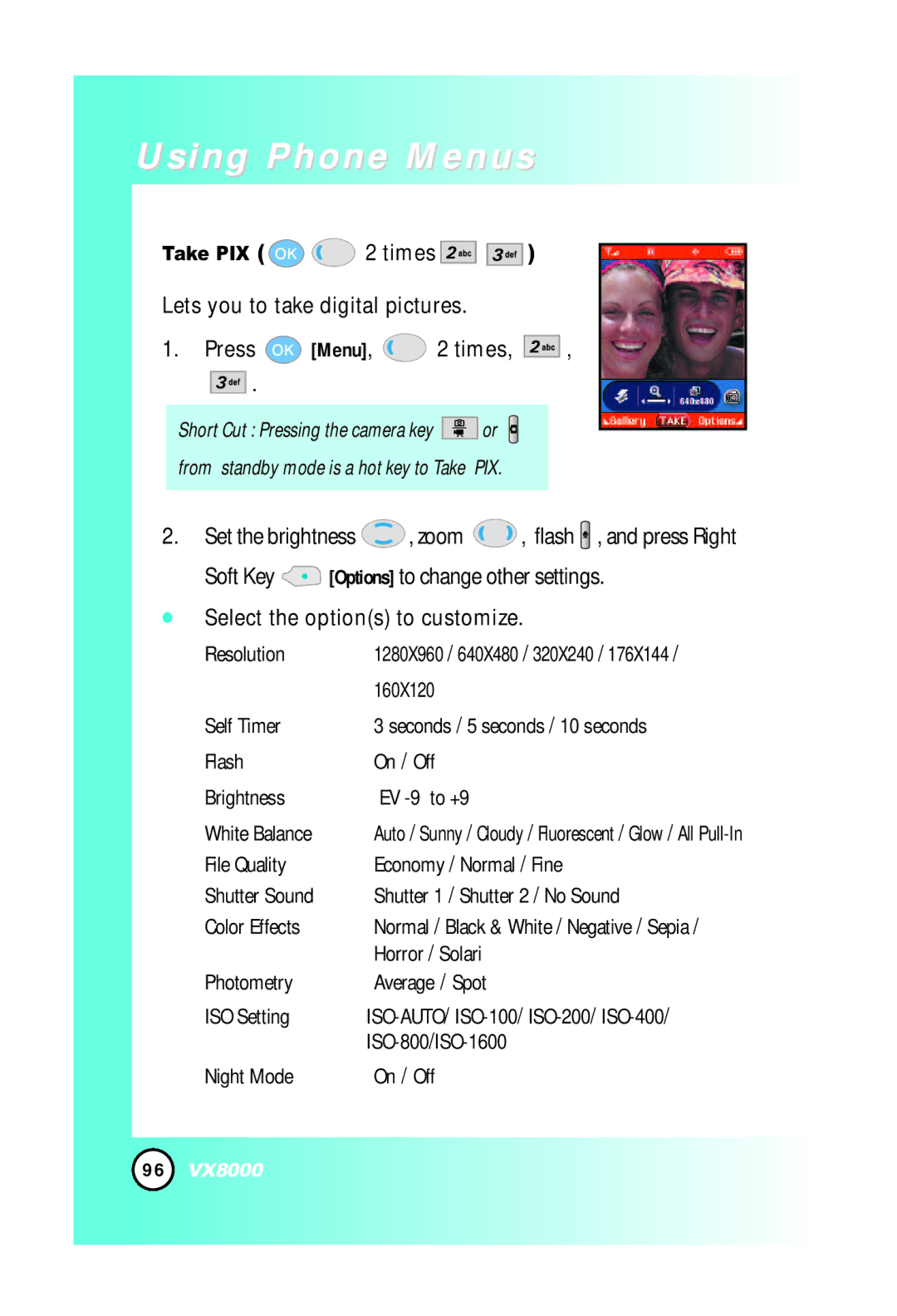 LG Electronics VX8000 manual Lets you to take digital pictures Press Menu, 2 times, Take PIX 2 times 