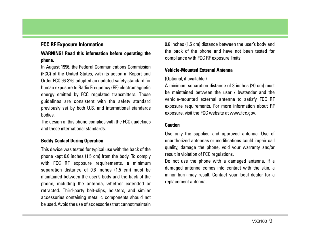 LG Electronics VX8100 manual FCC RF Exposure Information, Bodily Contact During Operation, Vehicle-Mounted External Antenna 