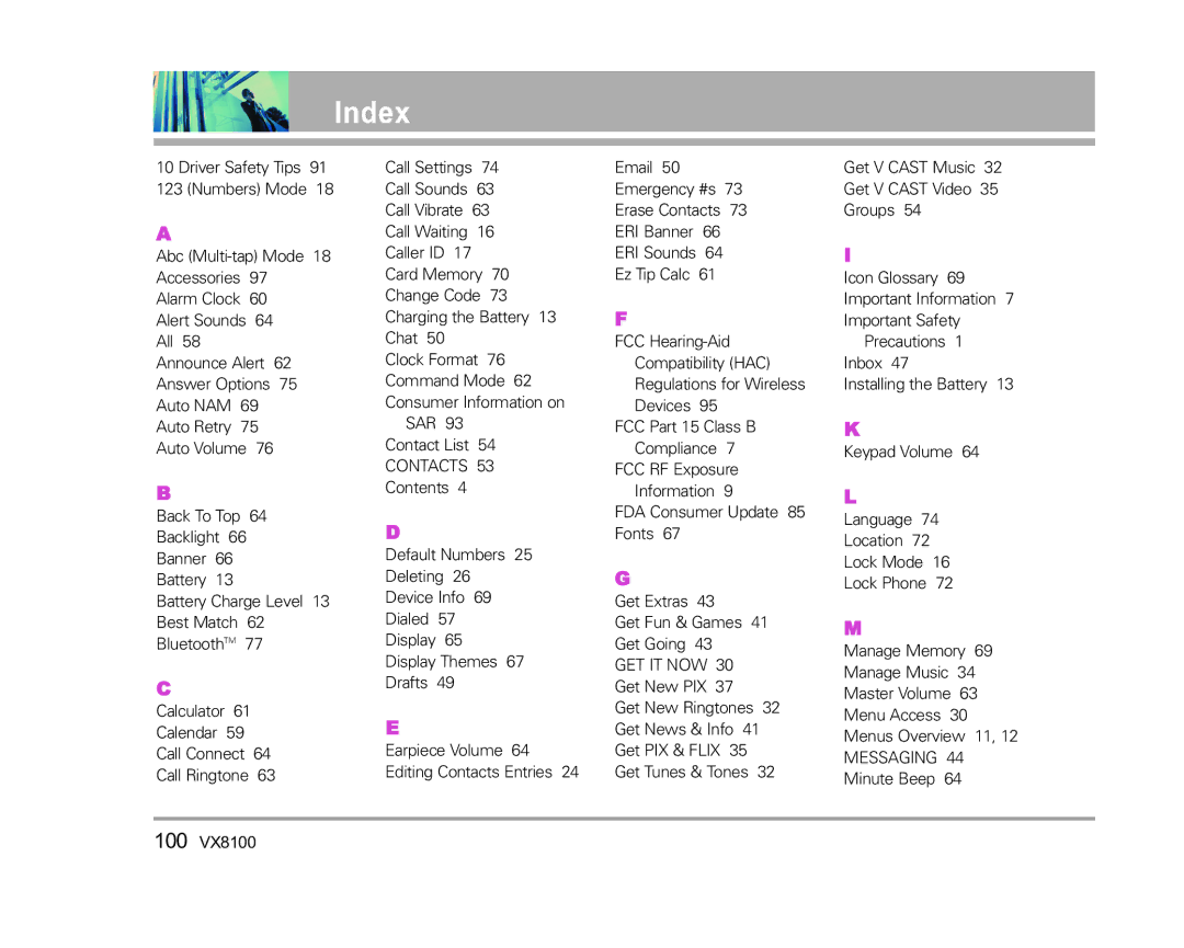 LG Electronics VX8100 manual Index, Get It Now 