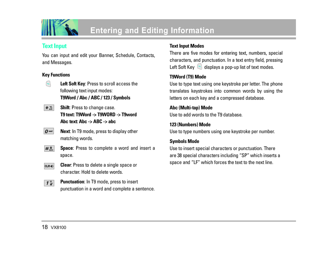 LG Electronics VX8100 manual Entering and Editing Information, Text Input 