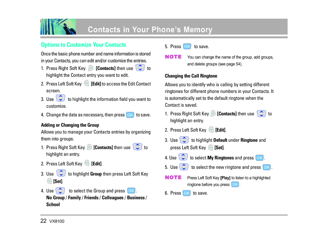 LG Electronics VX8100 manual Options to Customize Your Contacts, Adding or Changing the Group, Set, School 