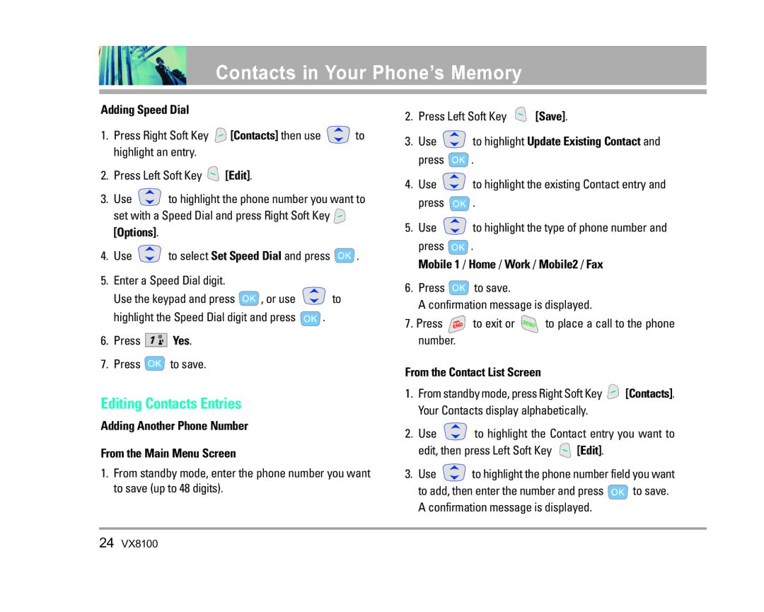 LG Electronics VX8100 manual Editing Contacts Entries 