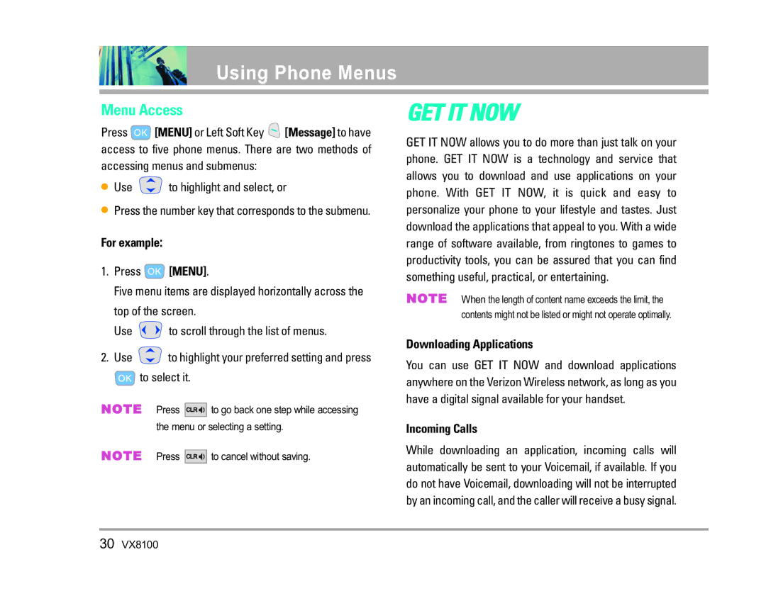 LG Electronics VX8100 manual Using Phone Menus, Menu Access, For example, Downloading Applications, Incoming Calls 