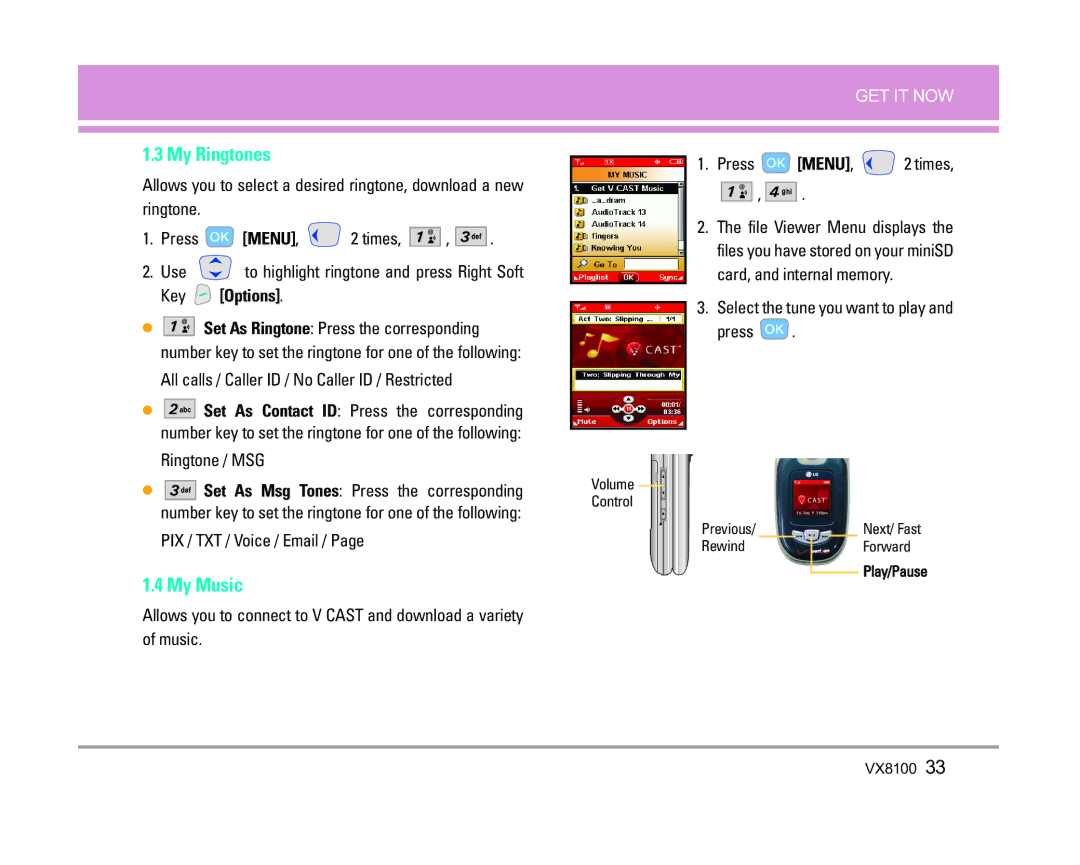 LG Electronics VX8100 manual My Ringtones, My Music, Key Options 