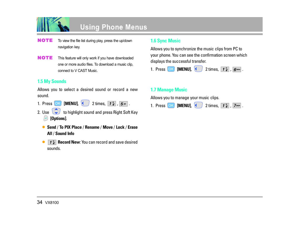 LG Electronics VX8100 manual My Sounds, Sync Music, Manage Music, Record New You can record and save desired sounds 