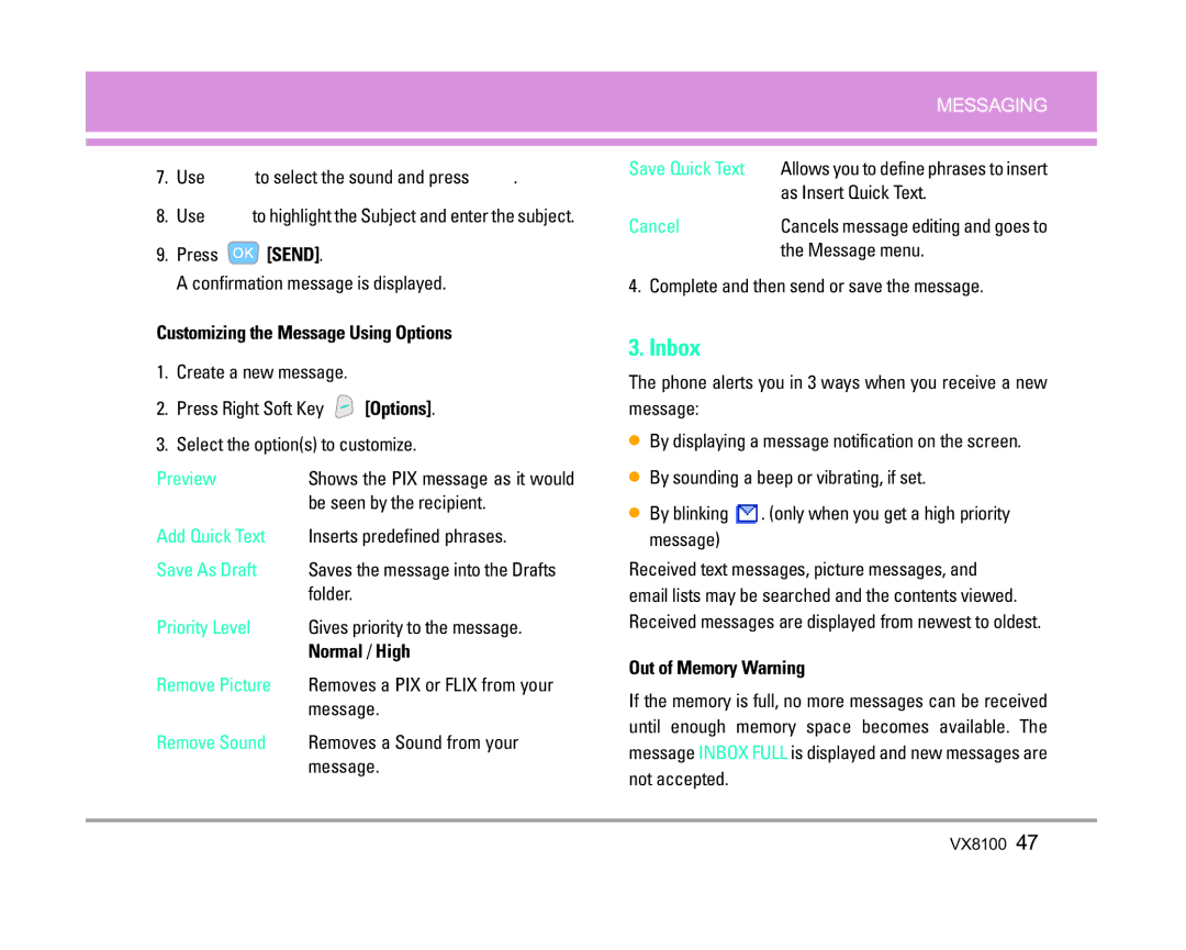 LG Electronics VX8100 manual Inbox, Out of Memory Warning 