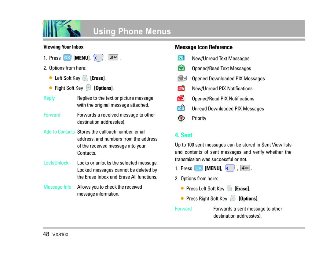 LG Electronics VX8100 manual Sent, Message Icon Reference, Viewing Your Inbox 