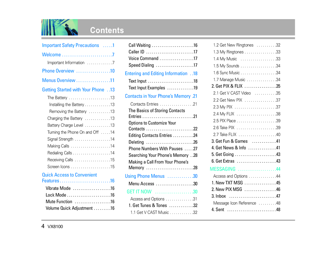 LG Electronics VX8100 manual Contents 