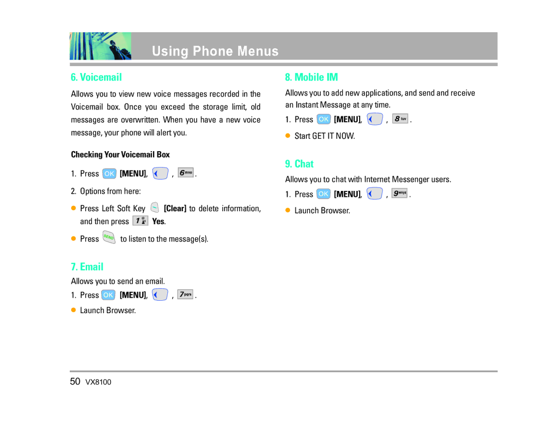 LG Electronics VX8100 manual Mobile IM, Chat, Checking Your Voicemail Box 